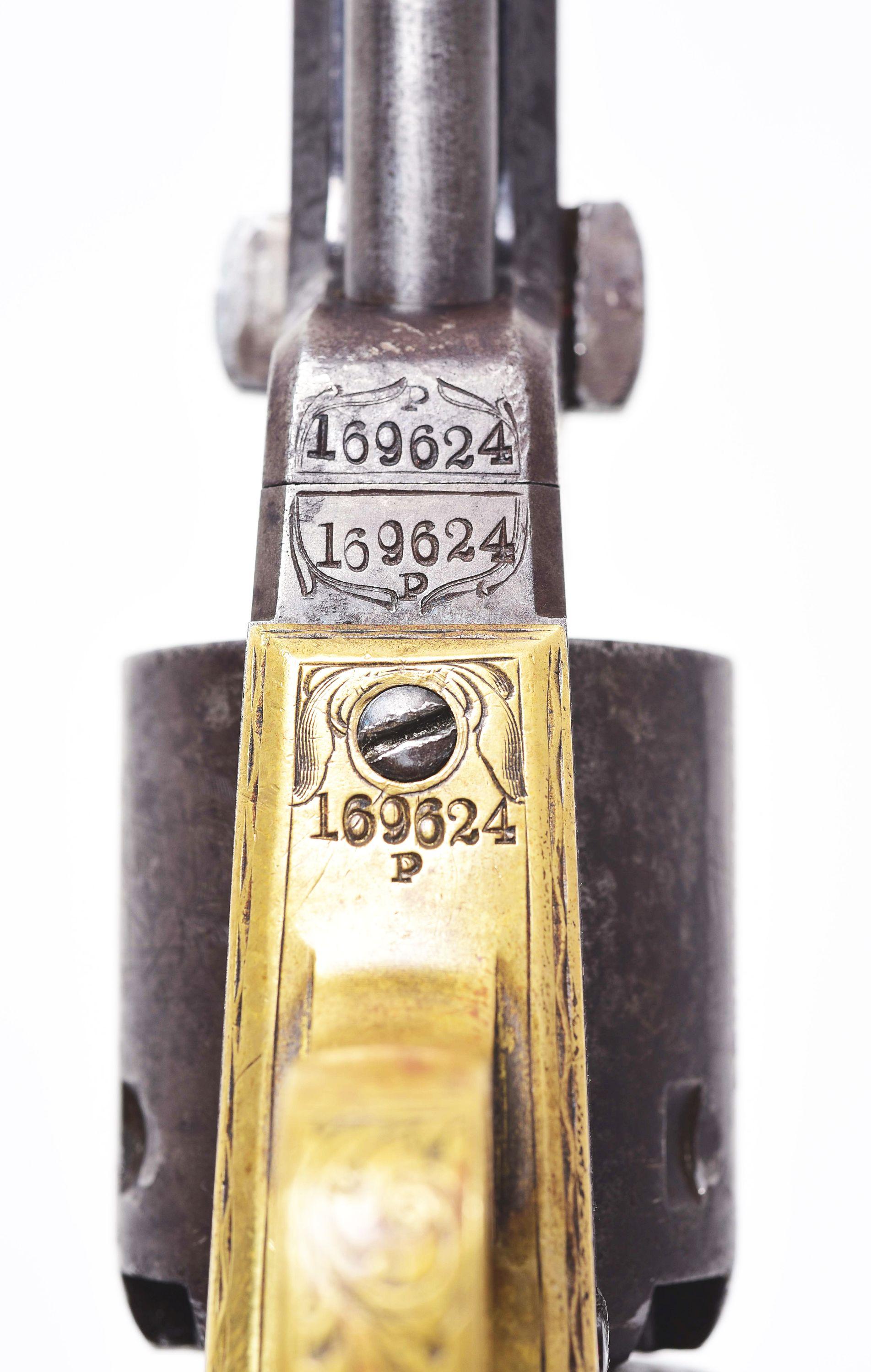 (A) ENGRAVED COLT 1851 NAVY .36 CALIBER PERCUSSION REVOLVER WITH IVORY GRIPS.