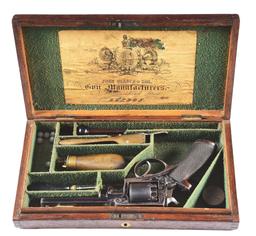 (A) ENGRAVED ADAMS & TRANTER PATENT .44 PERCUSSION REVOLVER WITH RETAILER CASE AND ACCESSORIES