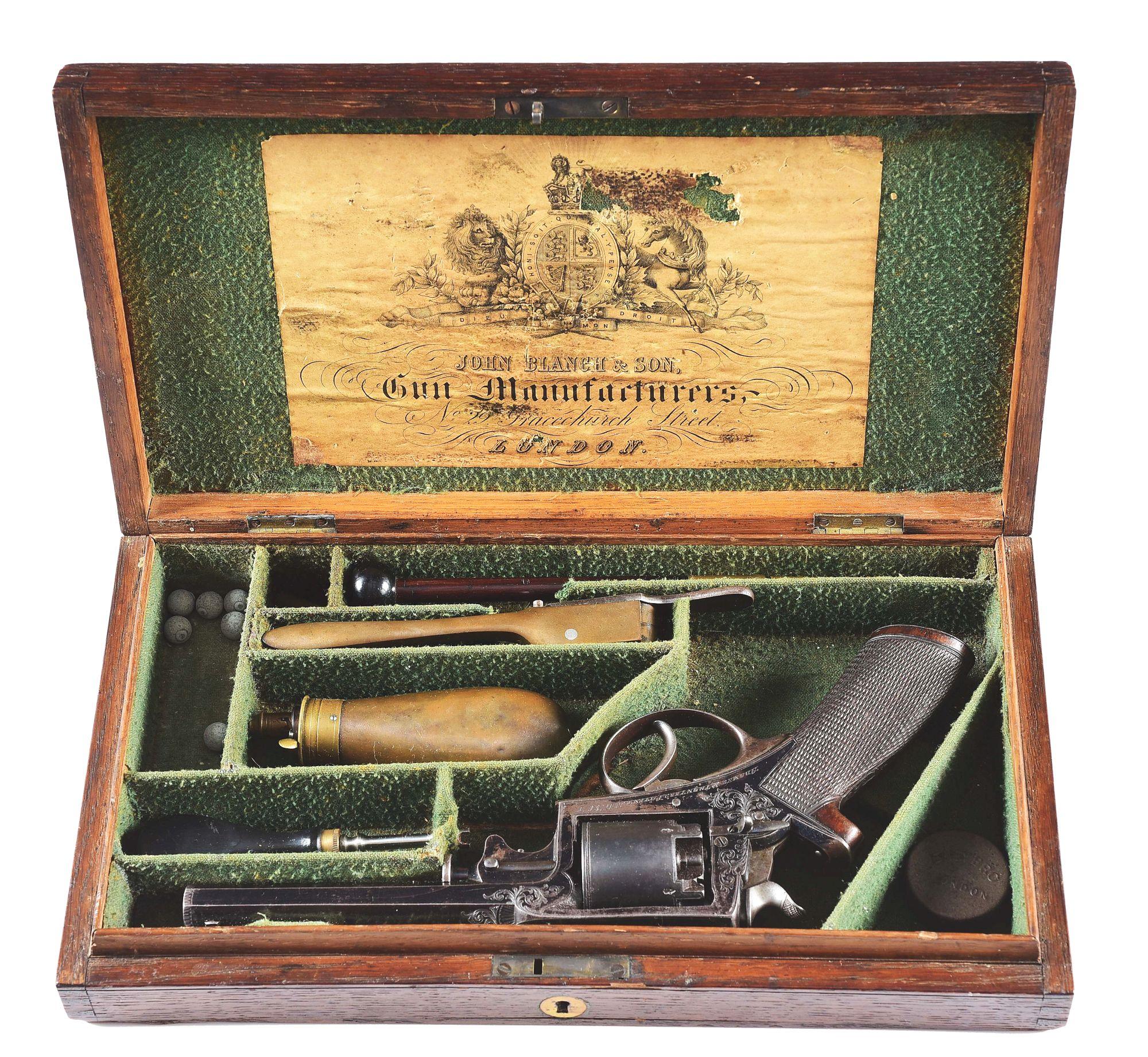 (A) ENGRAVED ADAMS & TRANTER PATENT .44 PERCUSSION REVOLVER WITH RETAILER CASE AND ACCESSORIES