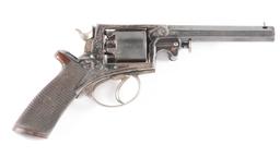 (A) ENGRAVED ADAMS & TRANTER PATENT .44 PERCUSSION REVOLVER WITH RETAILER CASE AND ACCESSORIES