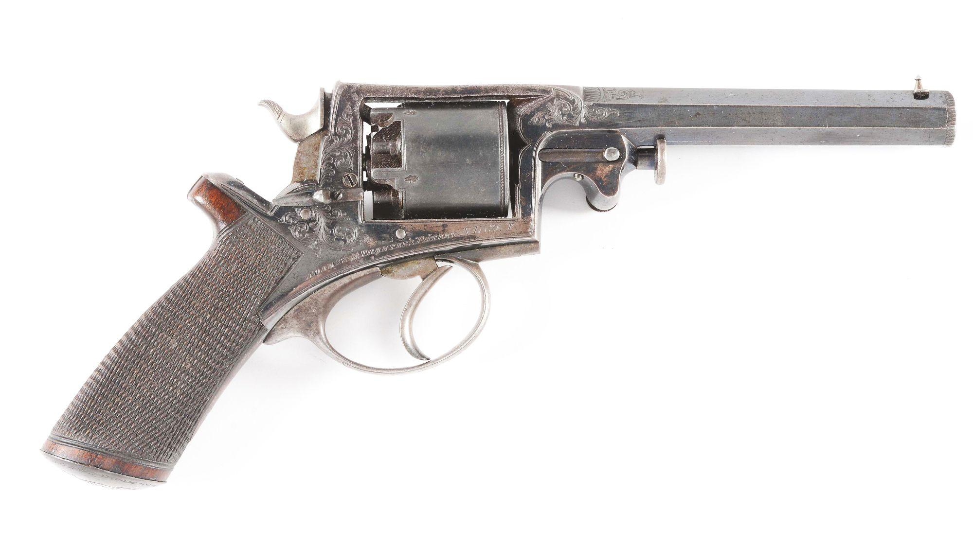 (A) ENGRAVED ADAMS & TRANTER PATENT .44 PERCUSSION REVOLVER WITH RETAILER CASE AND ACCESSORIES