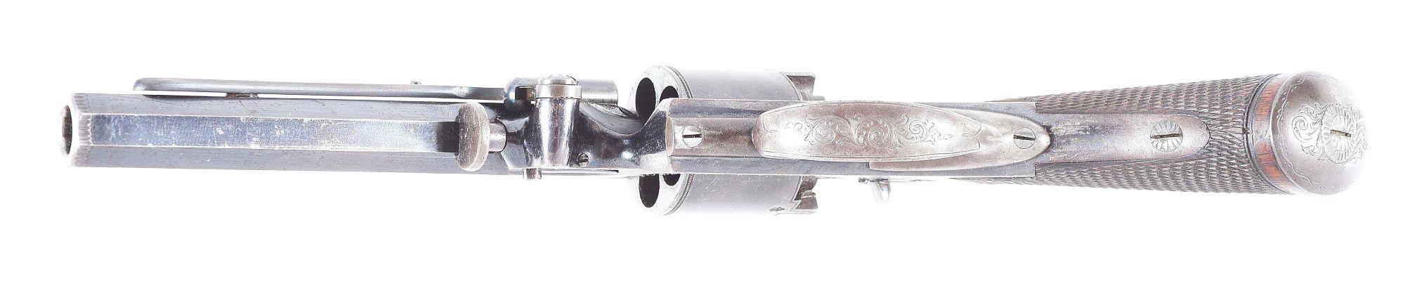 (A) ENGRAVED ADAMS & TRANTER PATENT .44 PERCUSSION REVOLVER WITH RETAILER CASE AND ACCESSORIES