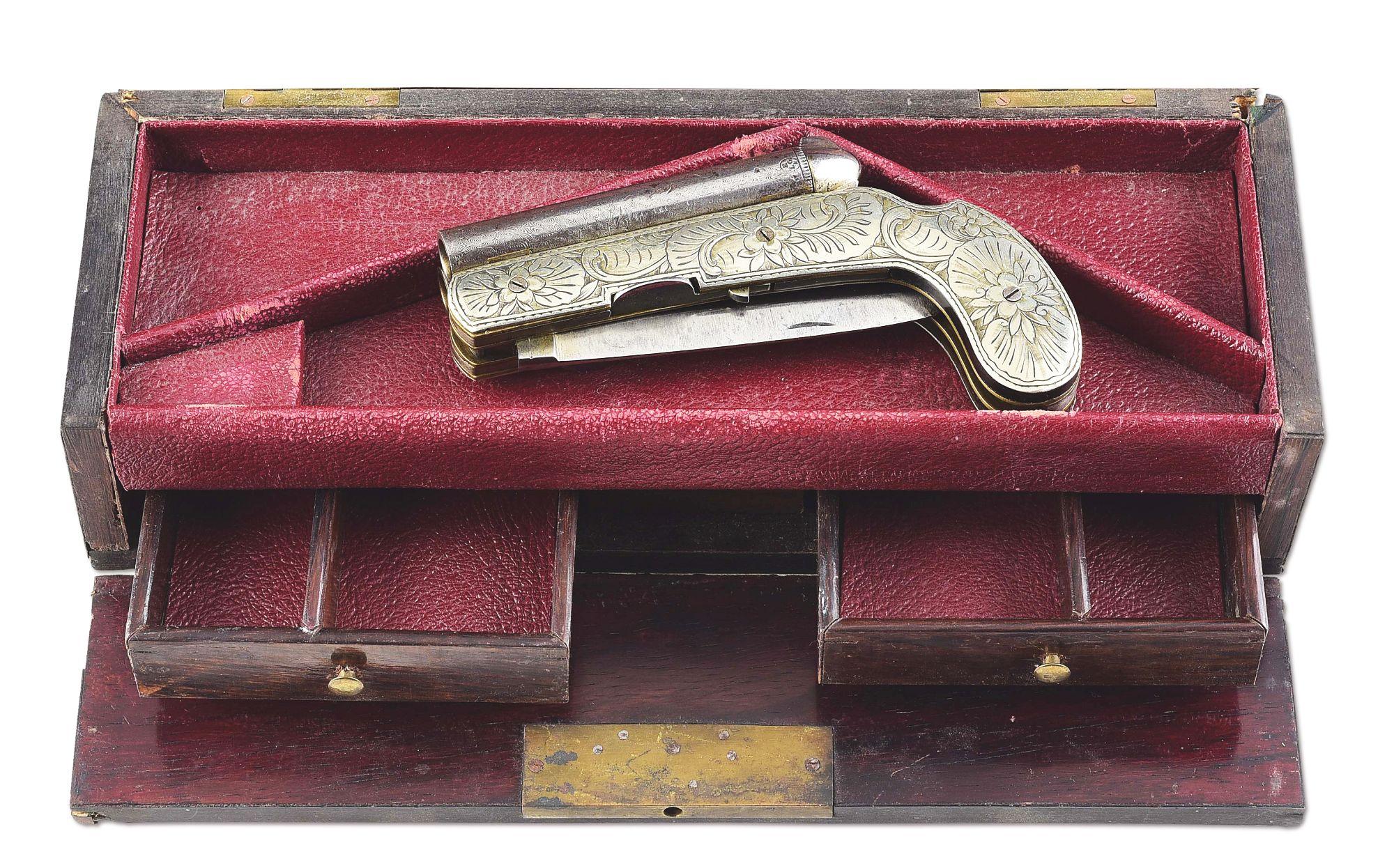 (A) ELABORATE .36 CALIBER DOUBLE BARRELED KNIFE PISTOL WITH CASE.
