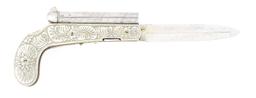 (A) ELABORATE .36 CALIBER DOUBLE BARRELED KNIFE PISTOL WITH CASE.