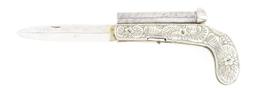 (A) ELABORATE .36 CALIBER DOUBLE BARRELED KNIFE PISTOL WITH CASE.