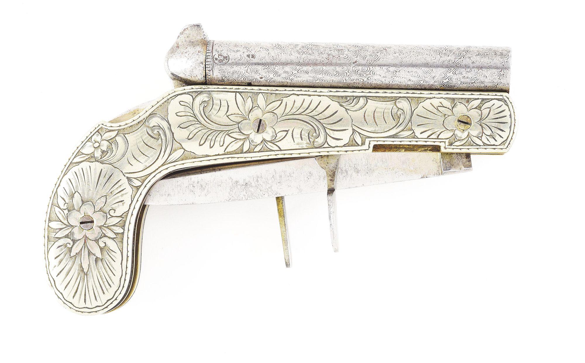 (A) ELABORATE .36 CALIBER DOUBLE BARRELED KNIFE PISTOL WITH CASE.