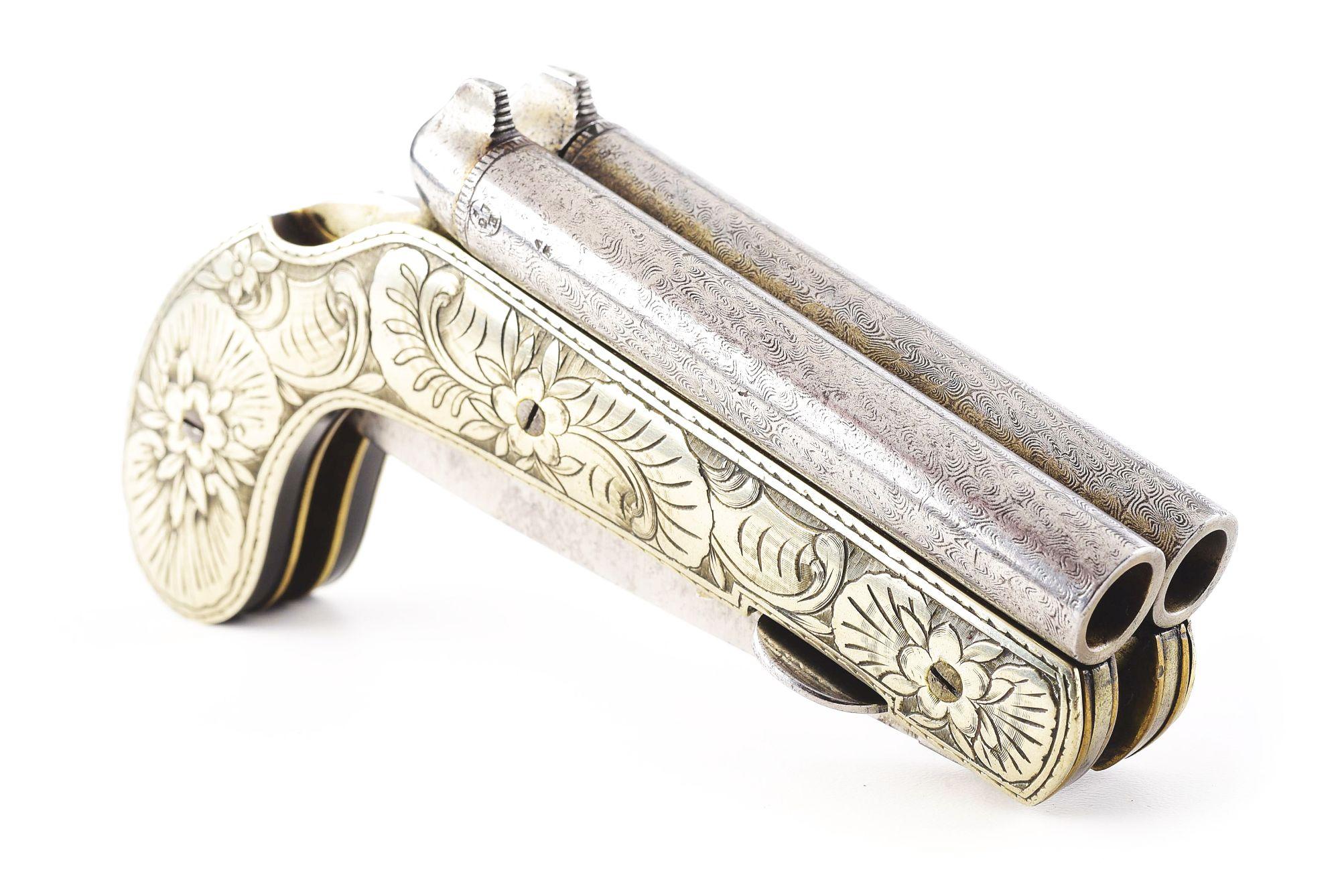 (A) ELABORATE .36 CALIBER DOUBLE BARRELED KNIFE PISTOL WITH CASE.
