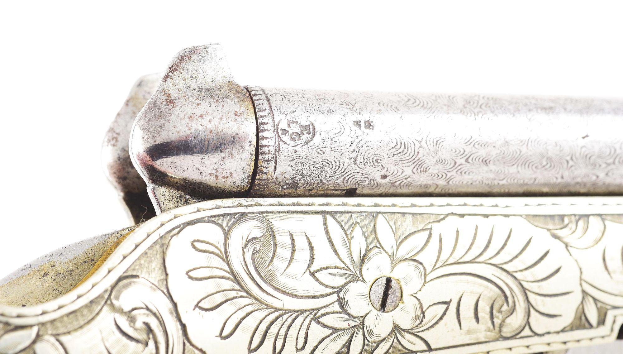 (A) ELABORATE .36 CALIBER DOUBLE BARRELED KNIFE PISTOL WITH CASE.