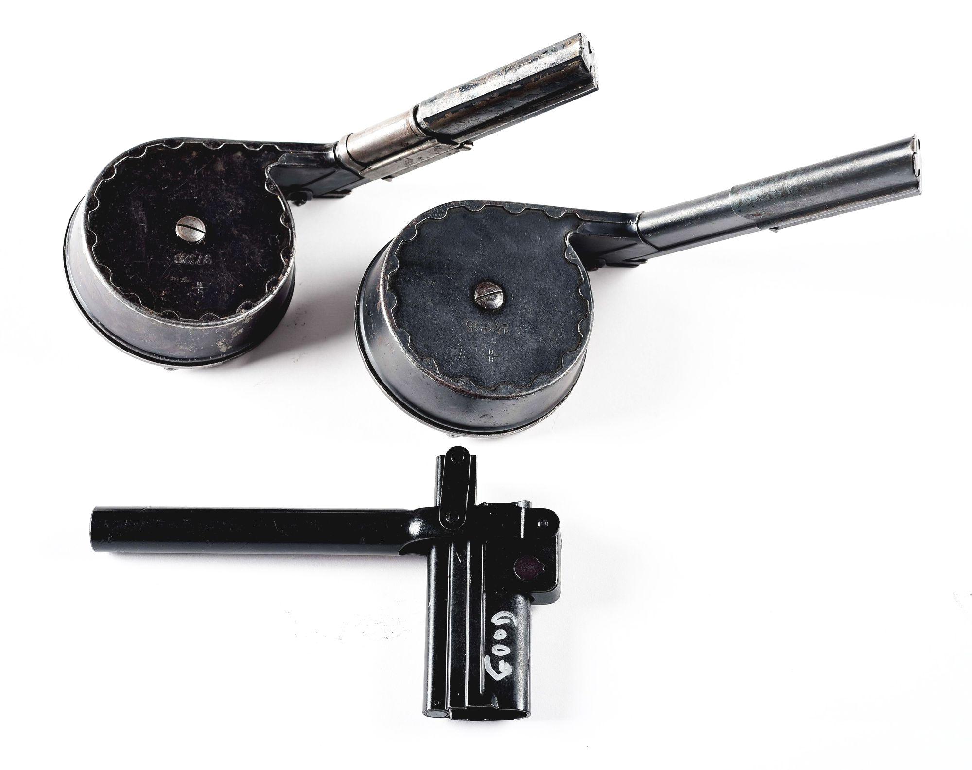 LOT OF 3: TWO P.08 SNAIL DRUM MAGAZINES, ONE WITH MP-18 ADAPTER & ONE REPRODUCTION SNAIL DRUM LOADER