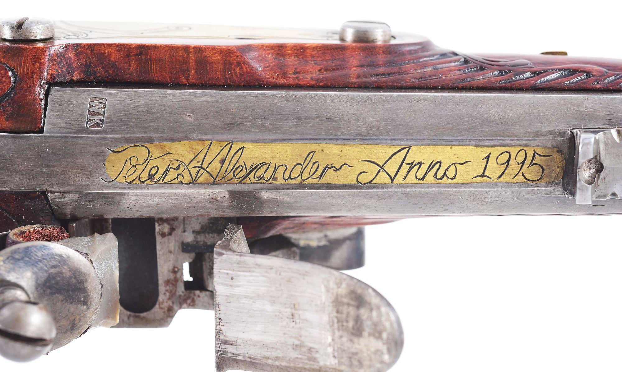 (A) FINE CONTEMPORARY FLINTLOCK KENTUCKY PISTOL BY PETER ALEXANDER DATED 1995.