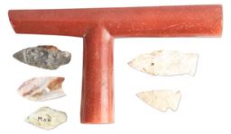 LOT OF 6: NATIVE AMERICAN CATLINITE PIPE WITH 5 PROJECTILE POINTS.