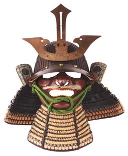 69 KEN KABUTO WITH MENPO, DELICATE FUKIGAESHI, THREE LAME SHIKORO, AND MENPO.