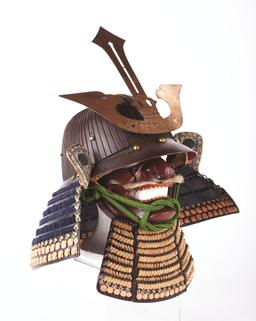 69 KEN KABUTO WITH MENPO, DELICATE FUKIGAESHI, THREE LAME SHIKORO, AND MENPO.