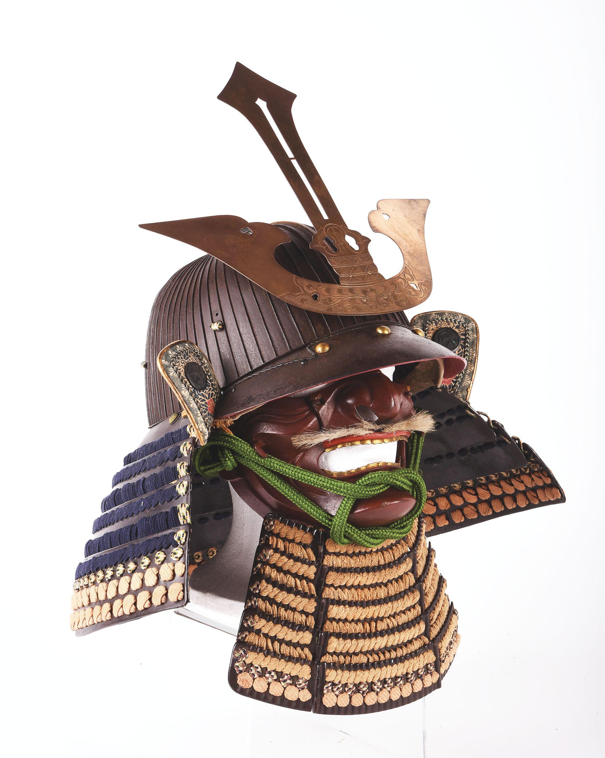 69 KEN KABUTO WITH MENPO, DELICATE FUKIGAESHI, THREE LAME SHIKORO, AND MENPO.