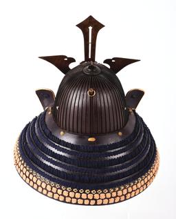 69 KEN KABUTO WITH MENPO, DELICATE FUKIGAESHI, THREE LAME SHIKORO, AND MENPO.