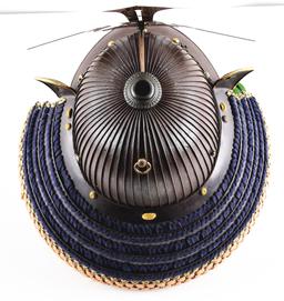 69 KEN KABUTO WITH MENPO, DELICATE FUKIGAESHI, THREE LAME SHIKORO, AND MENPO.