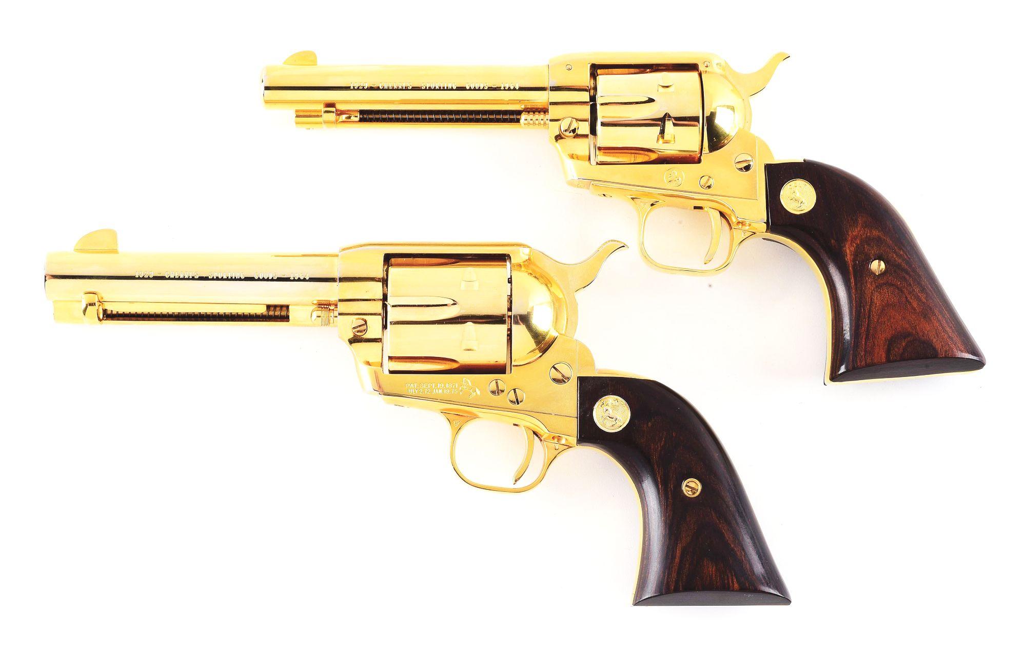 (C) CASED PAIR OF GOLD PLATED CHERRY'S SPORTING GOODS 35TH ANNIVERSARY COLT FRONTIER SCOUT & SINGLE