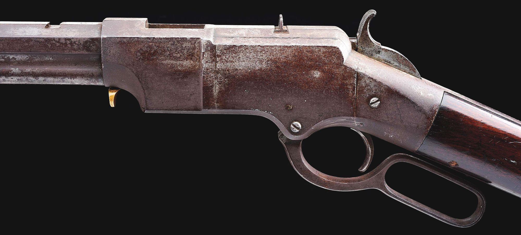 (A) DESIRABLE HENRY IRON FRAME LEVER ACTION RIFLE.