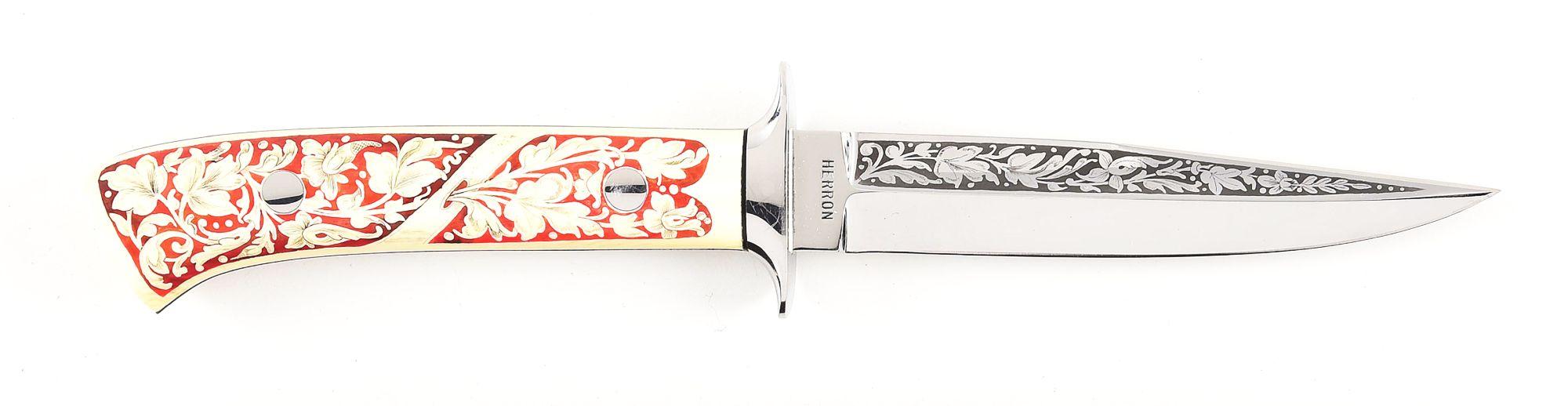 GEORGE HERRON CUSTOM KNIFE SCRIMSHAWED BY KEN HUNT.