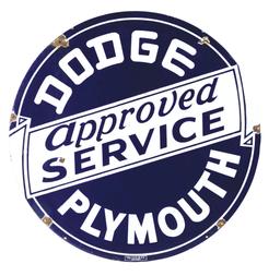 DOUBLE SIDED PORCELAIN DODGE PLYMOTH APPROVED SERVICE SIGN.