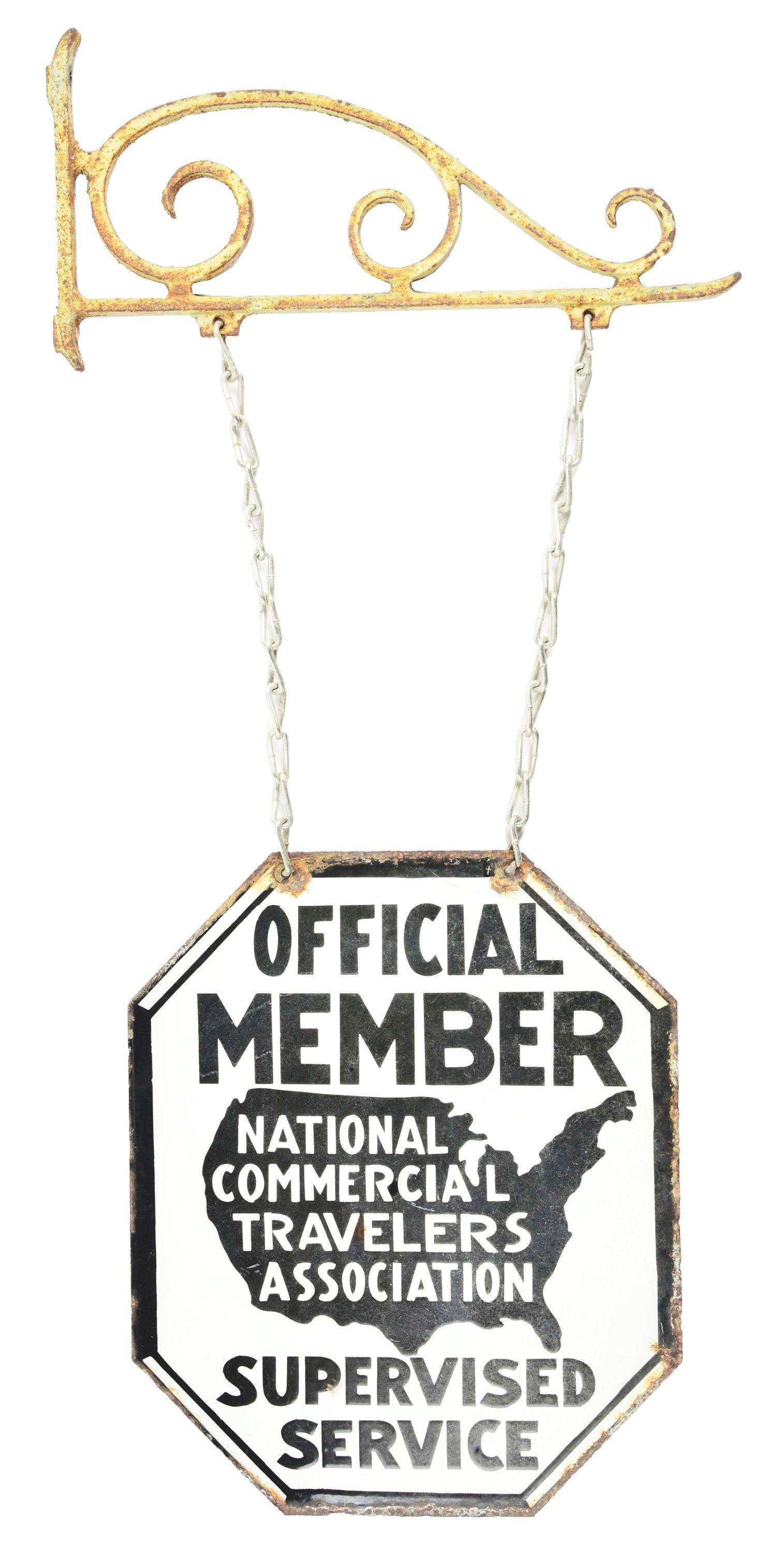 NATIONAL COMMERCIAL TRAVELERS ASSOCIATION SUPERVISED SERVICE PORCELAIN SIGN W/ IRON HANGER.