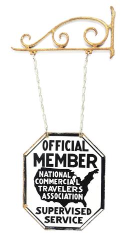 NATIONAL COMMERCIAL TRAVELERS ASSOCIATION SUPERVISED SERVICE PORCELAIN SIGN W/ IRON HANGER.