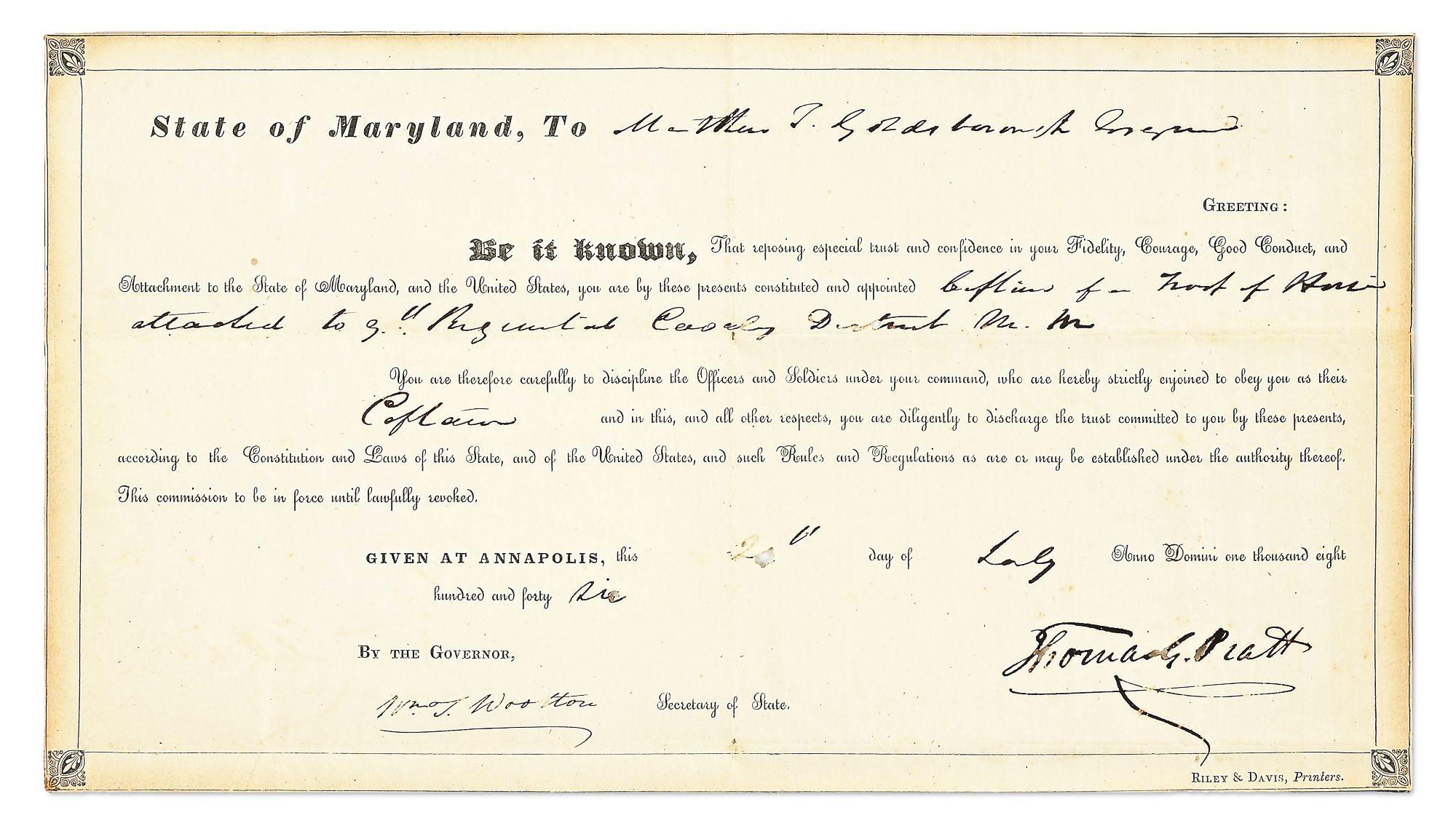 MARYLAND MILITIA CAVALRY OFFICER’S EAGLE HEAD SABER, 1846 COMMISSION, AND DOCUMENTS OF CAPTAIN MATTH