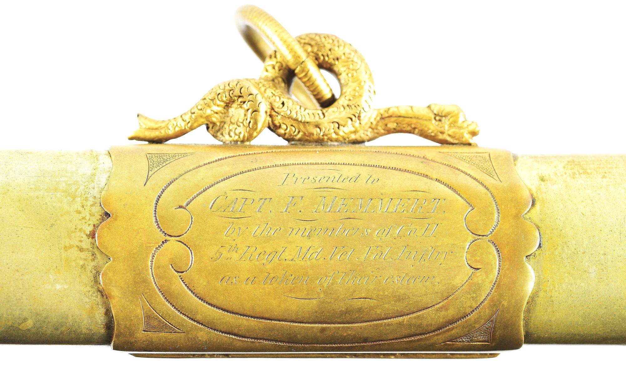 EXCEPTIONAL TIFFANY & CO PRESENTATION GRADE 1850 OFFICER’S SWORD PRESENTED TO CAPTAIN FREDERICK MEMM