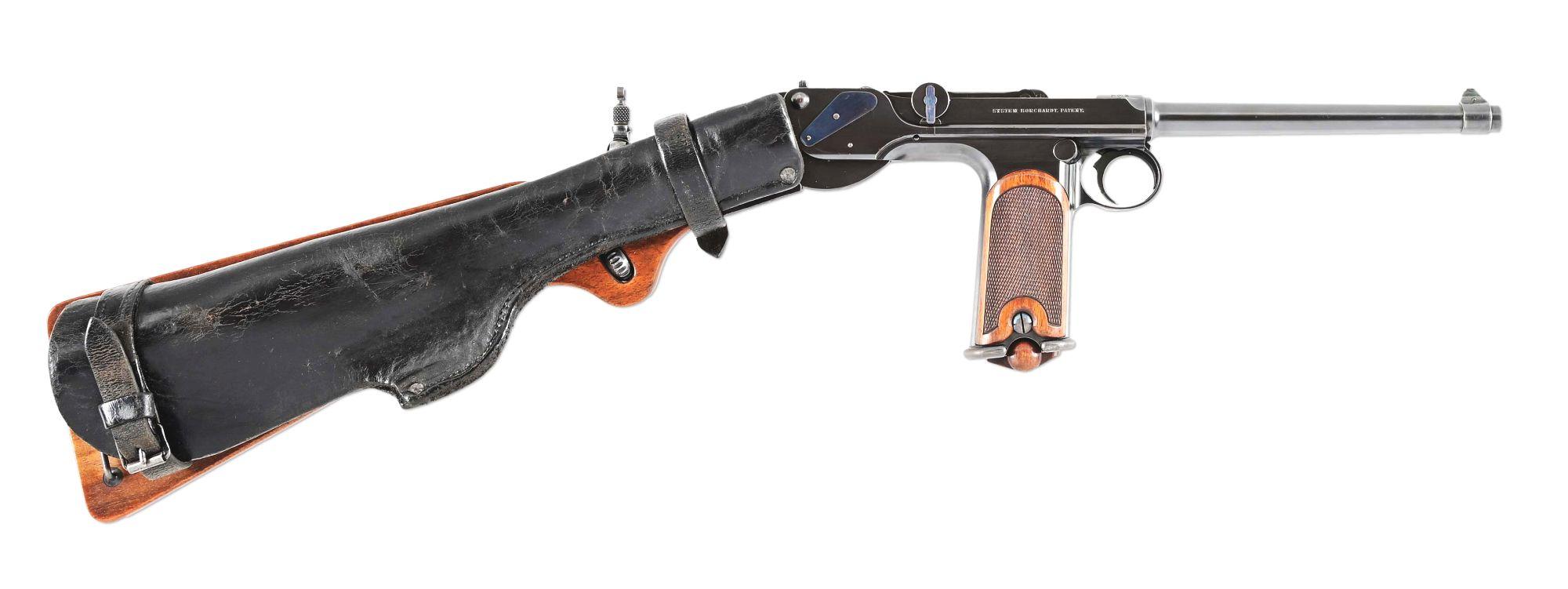 (A) LOEWE C93 BORCHARDT SEMI AUTOMATIC PISTOL WITH MANTON RETAILED CASE AND ACCESSORIES.