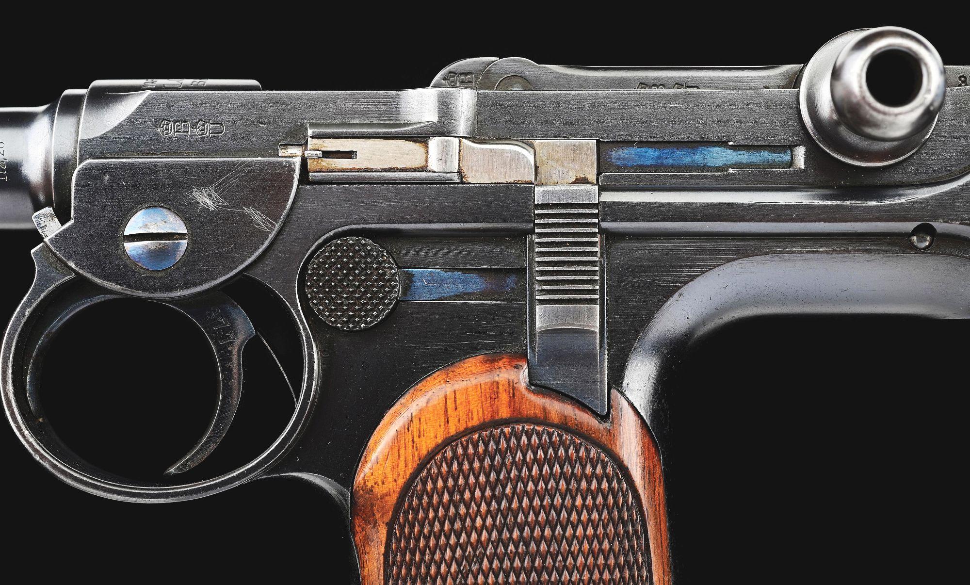 (A) LOEWE C93 BORCHARDT SEMI AUTOMATIC PISTOL WITH MANTON RETAILED CASE AND ACCESSORIES.