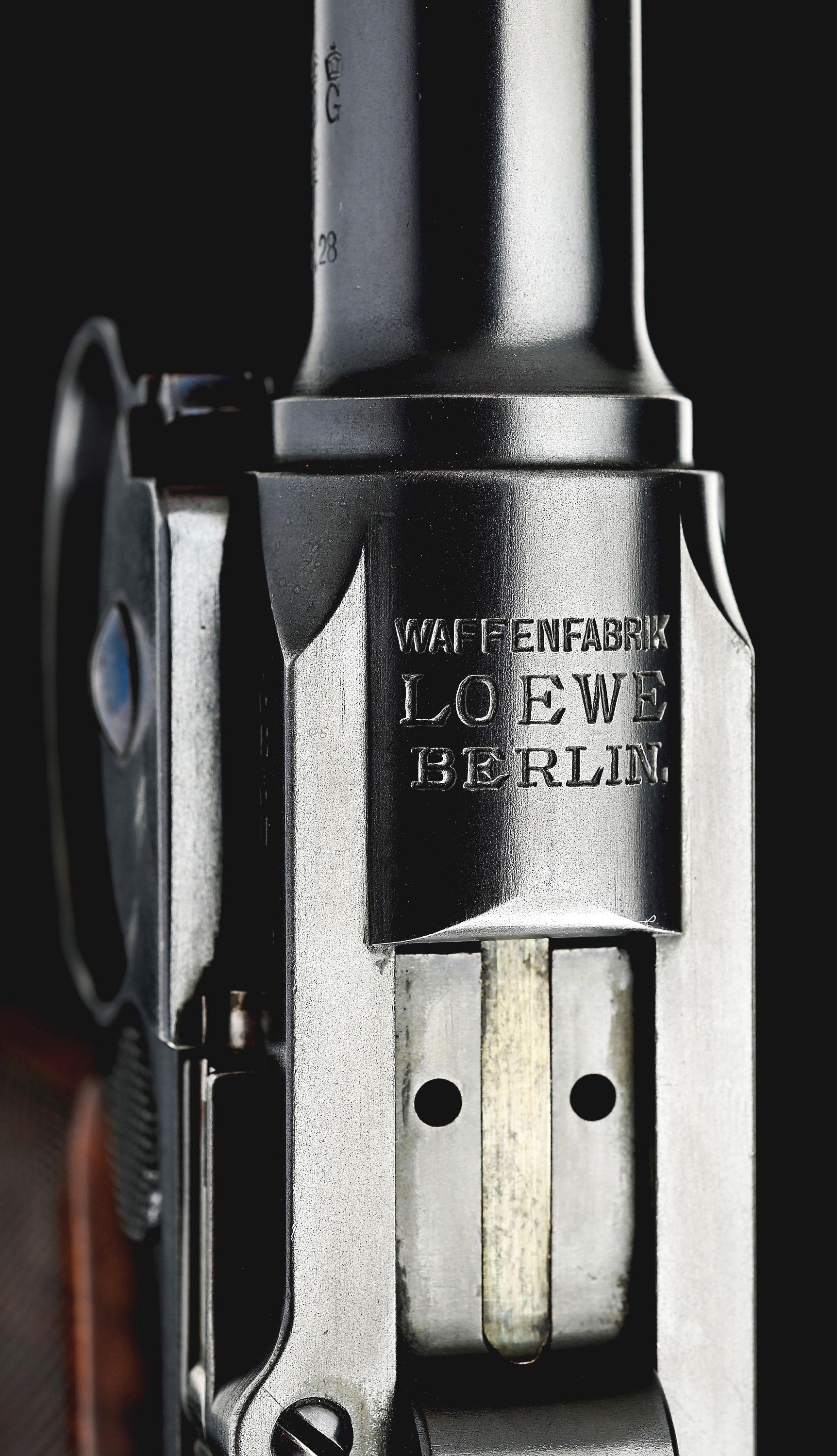 (A) LOEWE C93 BORCHARDT SEMI AUTOMATIC PISTOL WITH MANTON RETAILED CASE AND ACCESSORIES.