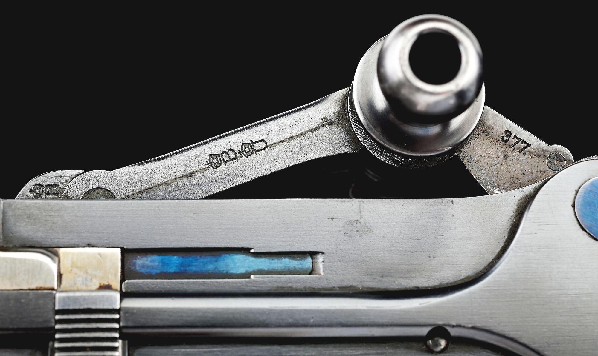 (A) LOEWE C93 BORCHARDT SEMI AUTOMATIC PISTOL WITH MANTON RETAILED CASE AND ACCESSORIES.