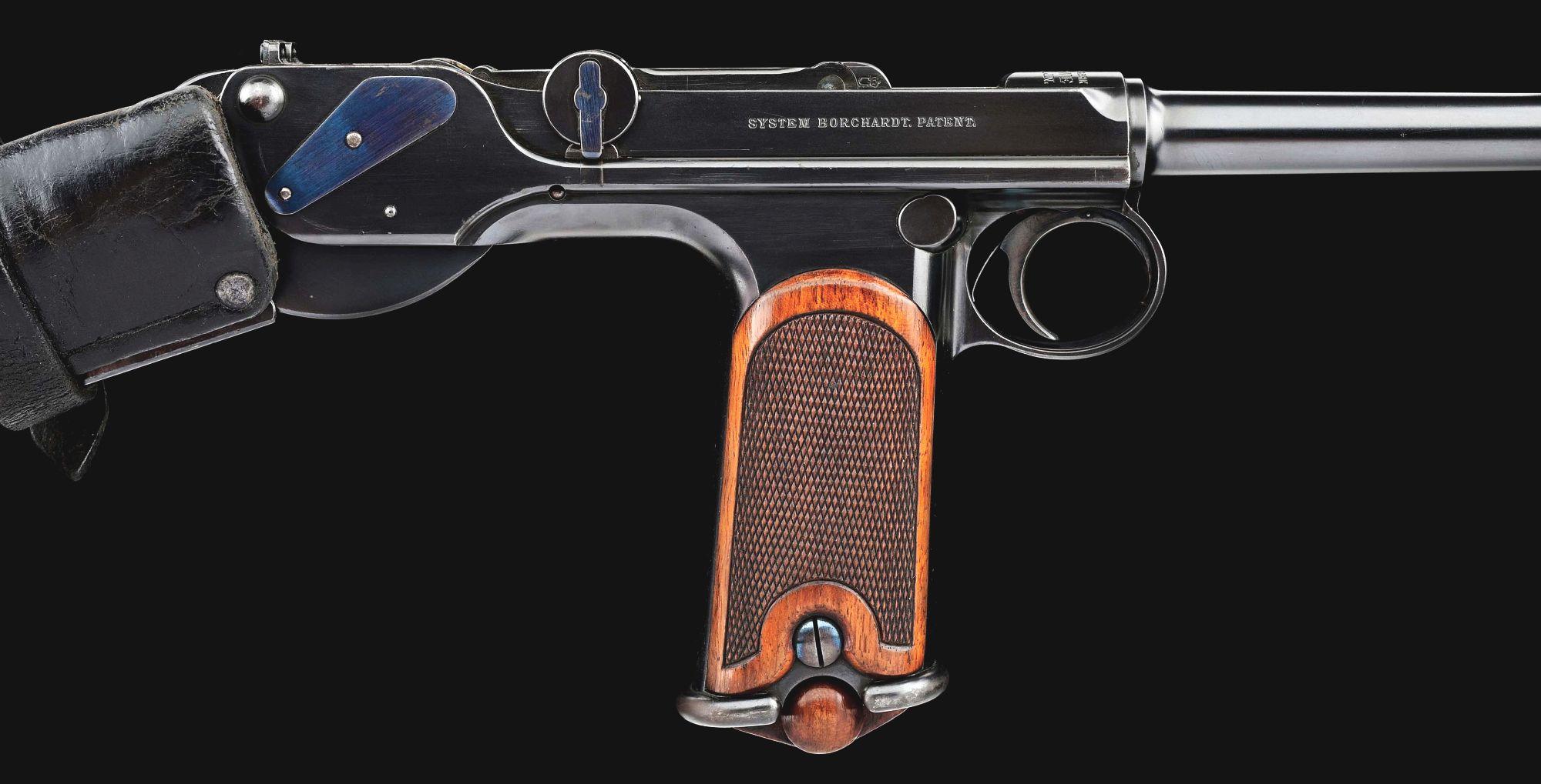 (A) LOEWE C93 BORCHARDT SEMI AUTOMATIC PISTOL WITH MANTON RETAILED CASE AND ACCESSORIES.