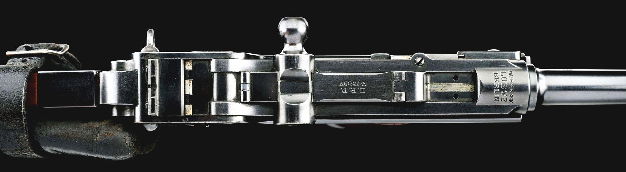 (A) LOEWE C93 BORCHARDT SEMI AUTOMATIC PISTOL WITH MANTON RETAILED CASE AND ACCESSORIES.