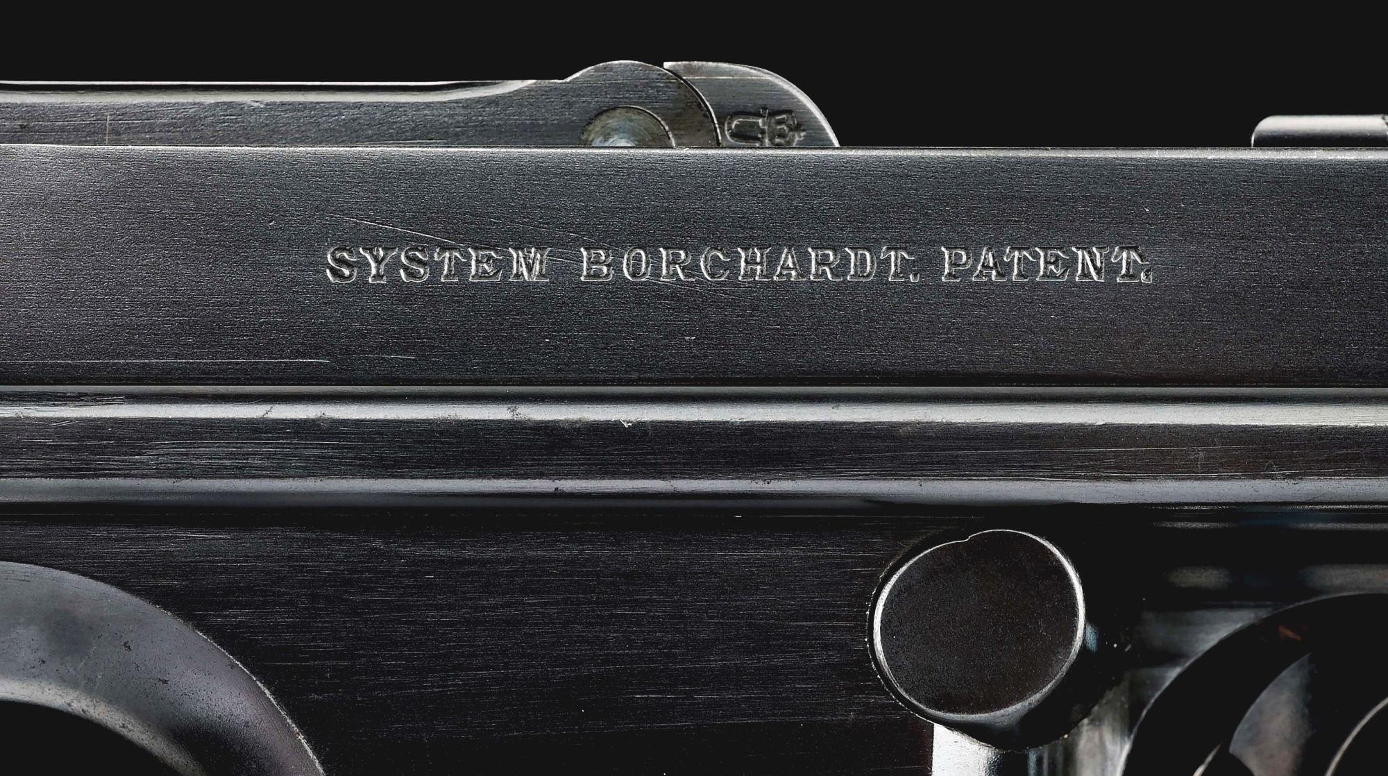 (A) LOEWE C93 BORCHARDT SEMI AUTOMATIC PISTOL WITH MANTON RETAILED CASE AND ACCESSORIES.