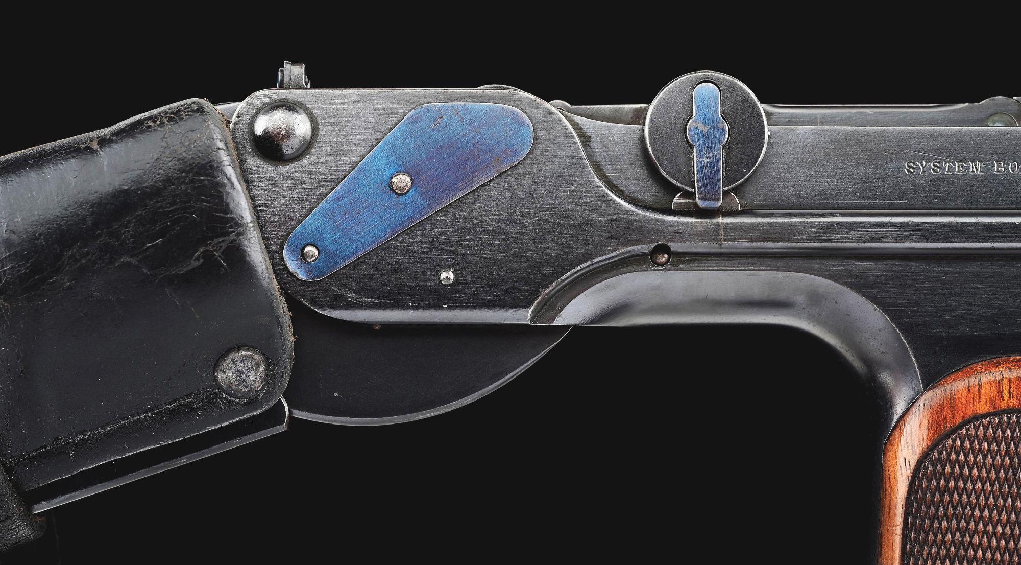 (A) LOEWE C93 BORCHARDT SEMI AUTOMATIC PISTOL WITH MANTON RETAILED CASE AND ACCESSORIES.