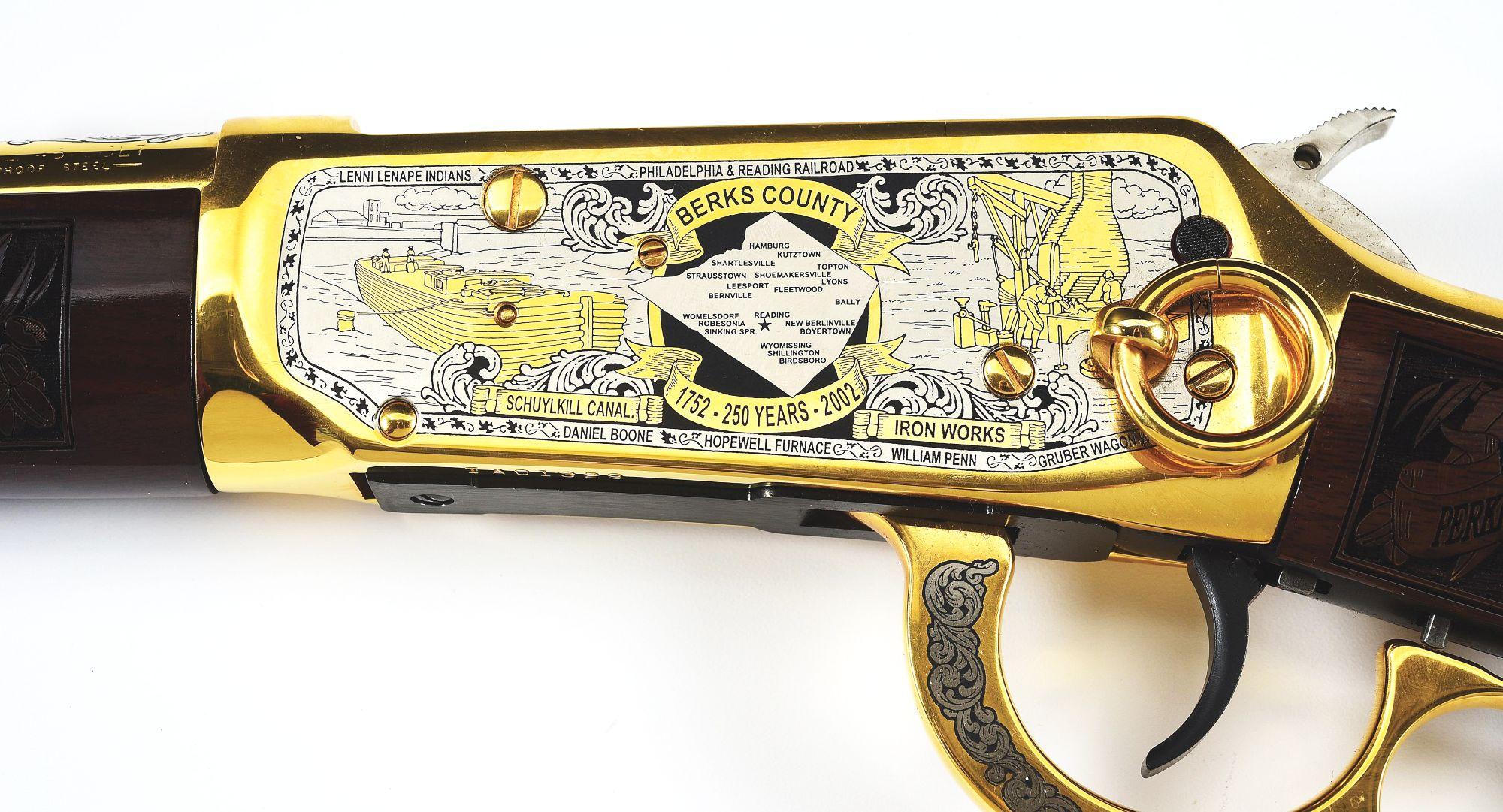 (M) GOLD PLATED BERKS COUNTY, PA COMMEMORATIVE WINCHESTER 94AE LEVER ACTION CARBINE WITH CASE