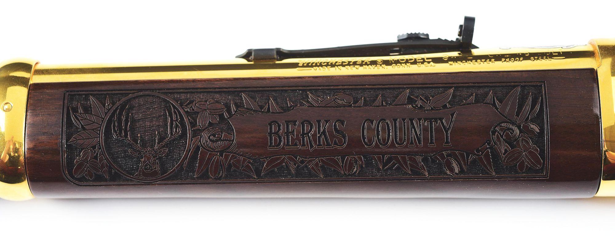 (M) GOLD PLATED BERKS COUNTY, PA COMMEMORATIVE WINCHESTER 94AE LEVER ACTION CARBINE WITH CASE