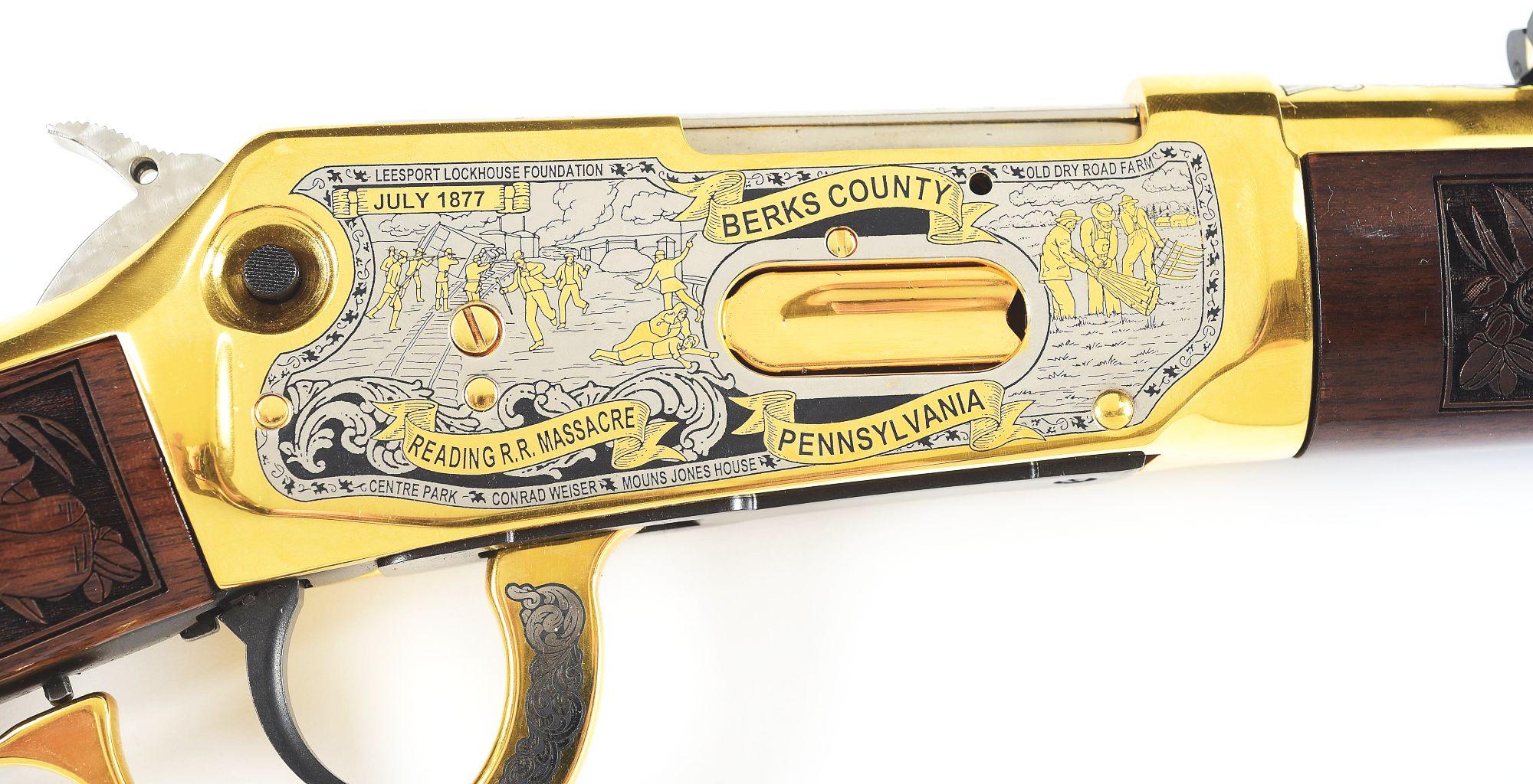 (M) GOLD PLATED BERKS COUNTY, PA COMMEMORATIVE WINCHESTER 94AE LEVER ACTION CARBINE WITH CASE