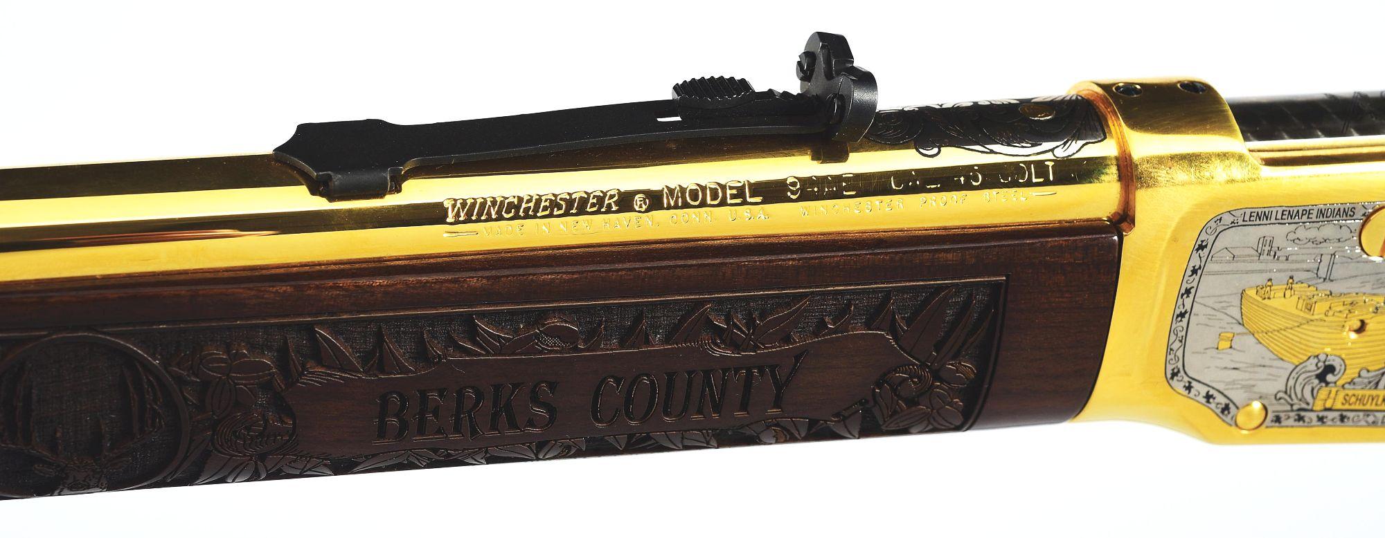 (M) GOLD PLATED BERKS COUNTY, PA COMMEMORATIVE WINCHESTER 94AE LEVER ACTION CARBINE WITH CASE