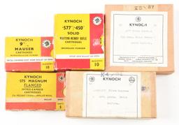 LOT OF 5: BOXES OF KYNOCH AMMUNITION AND PROJECTILES.