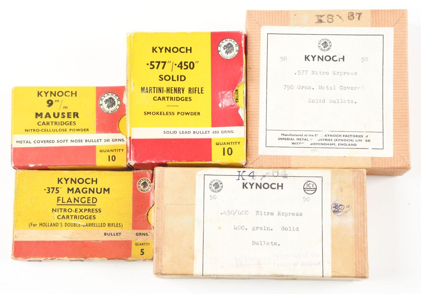 LOT OF 5: BOXES OF KYNOCH AMMUNITION AND PROJECTILES.