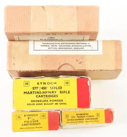LOT OF 5: BOXES OF KYNOCH AMMUNITION AND PROJECTILES.