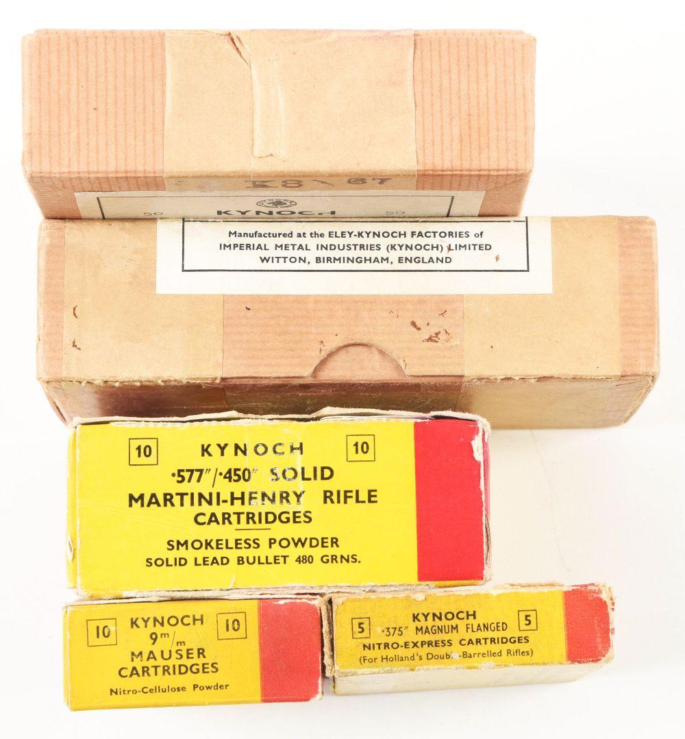 LOT OF 5: BOXES OF KYNOCH AMMUNITION AND PROJECTILES.
