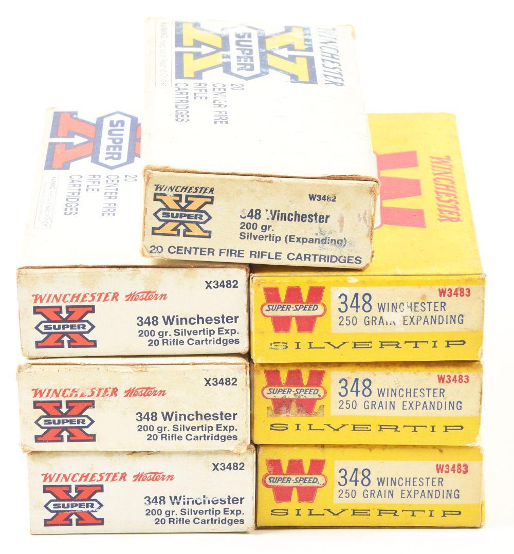 LOT OF 7: BOXES OF .348 WINCHESTER AMMUNITION.