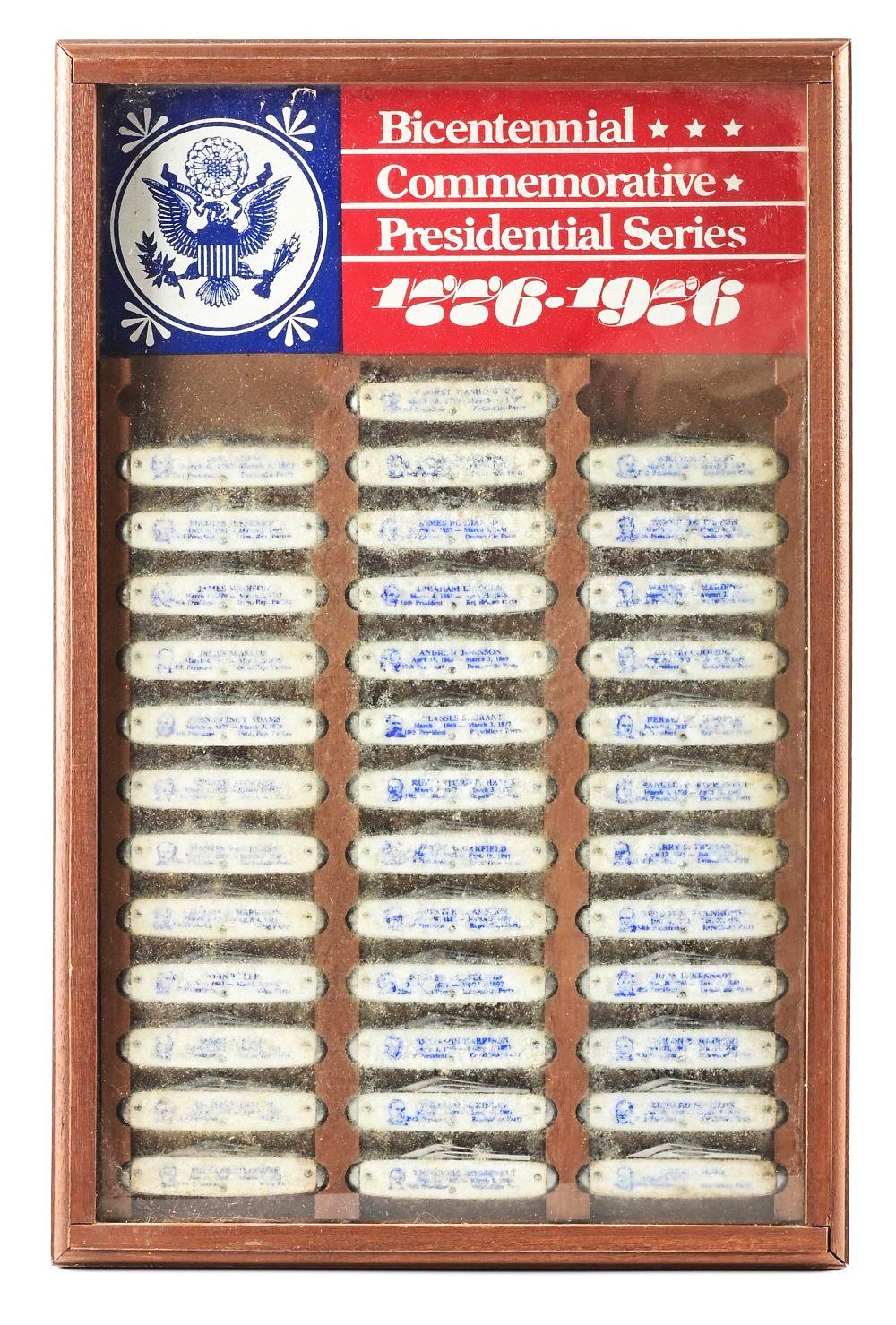 BICENTENNIAL COMMEMORATIVE PRESIDENTIAL SERIES 1776-1986 FRAMED WOOD AND GLASS DISPLAY CONTAINING 37