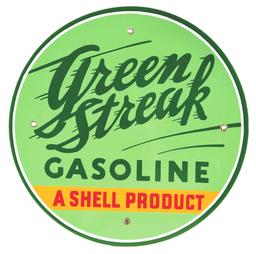 OUTSTANDING SHELL GREEN STREAK GASOLINE PORCELAIN PUMP PLATE SIGN.