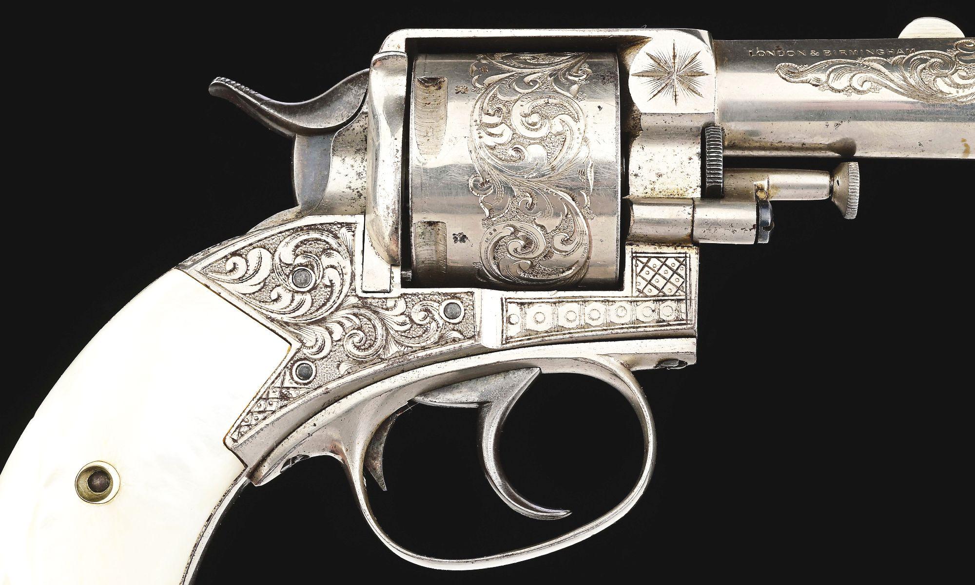 (A) NEW YORK ENGRAVED WEBLEY NO. 2 "THE BRITISH BULLDOG" DOUBLE ACTION REVOLVER WITH PEARL GRIPS.