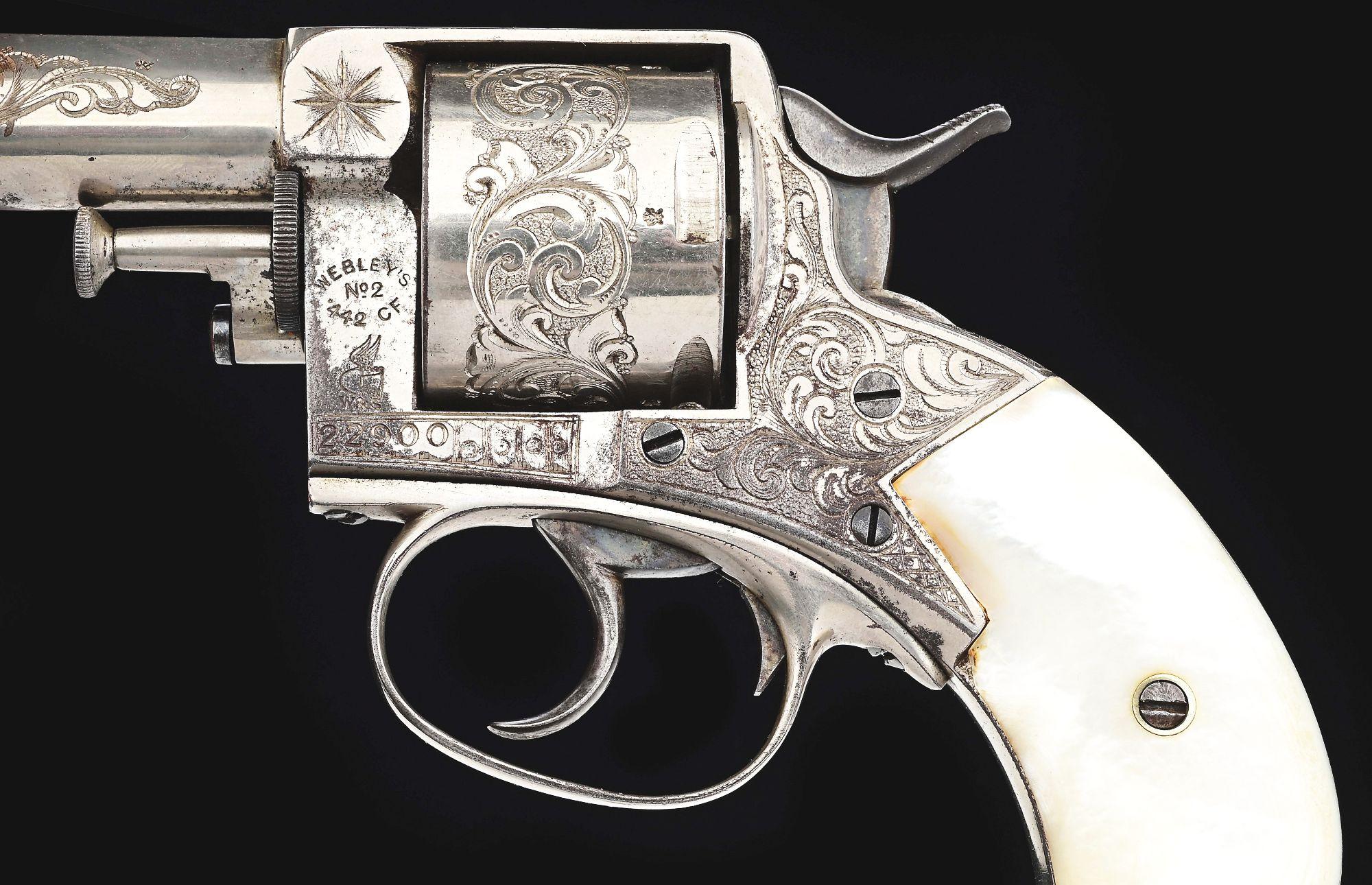 (A) NEW YORK ENGRAVED WEBLEY NO. 2 "THE BRITISH BULLDOG" DOUBLE ACTION REVOLVER WITH PEARL GRIPS.