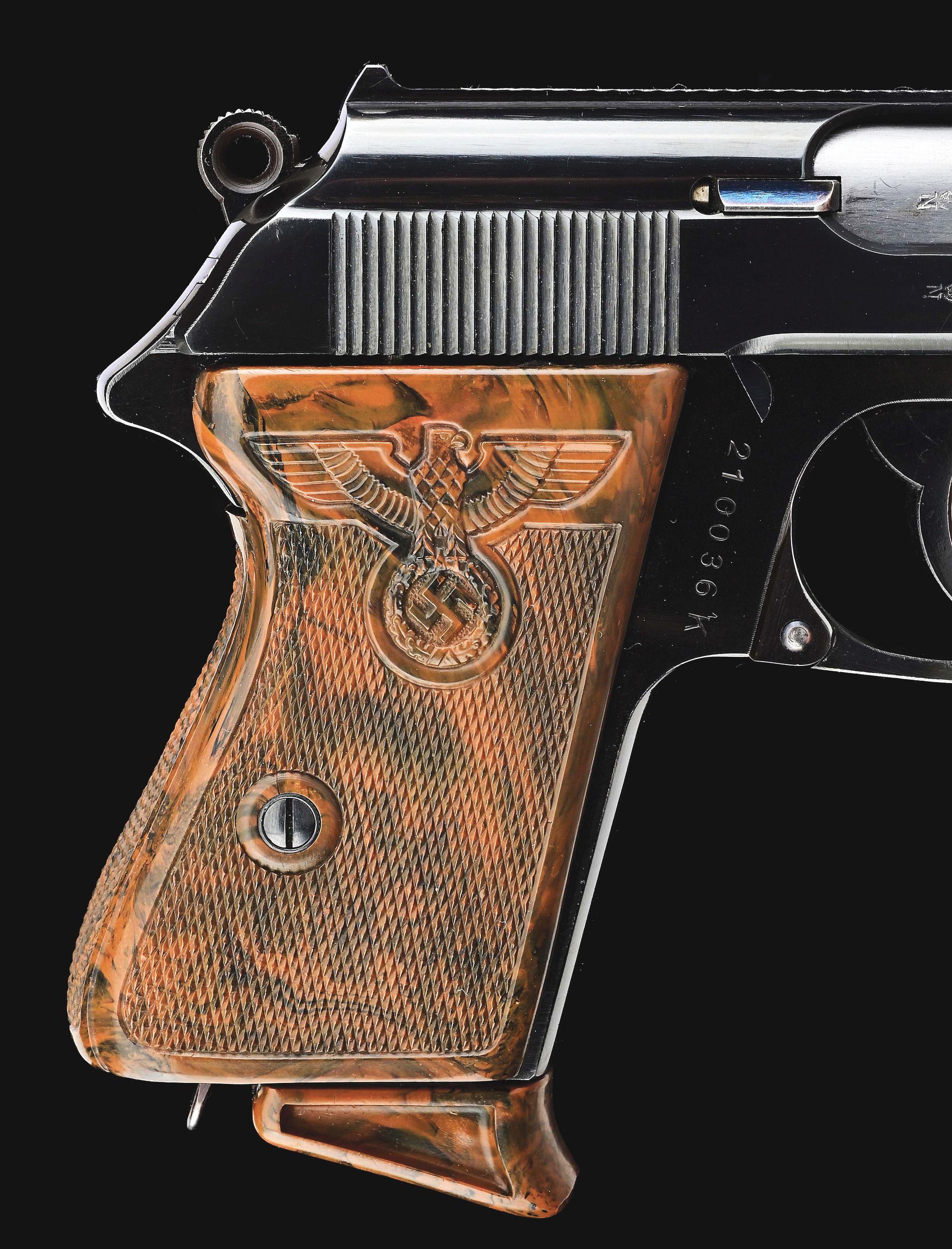 (C) TRULY EXCEPTIONAL WALTHER PPK SEMI-AUTOMATIC PISTOL WITH PARTY LEADER GRIPS, HOLSTER, & ACCESSOR
